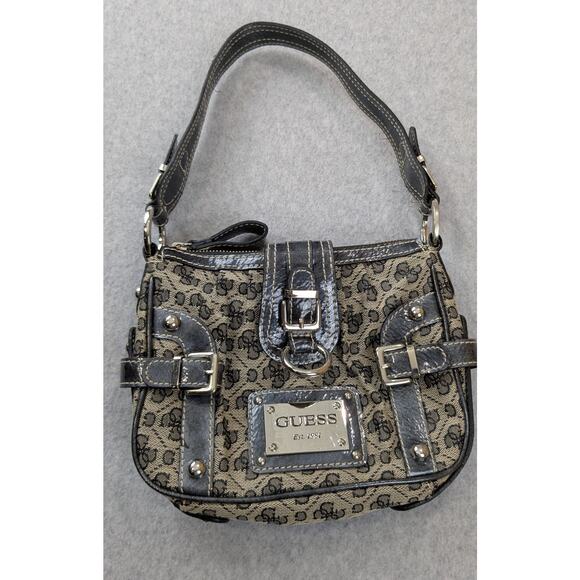Guess Vintage Y2K Purse Mini Shoulder Baguette Bag Brown Cream Logo Canvas - Picture 1 of 9